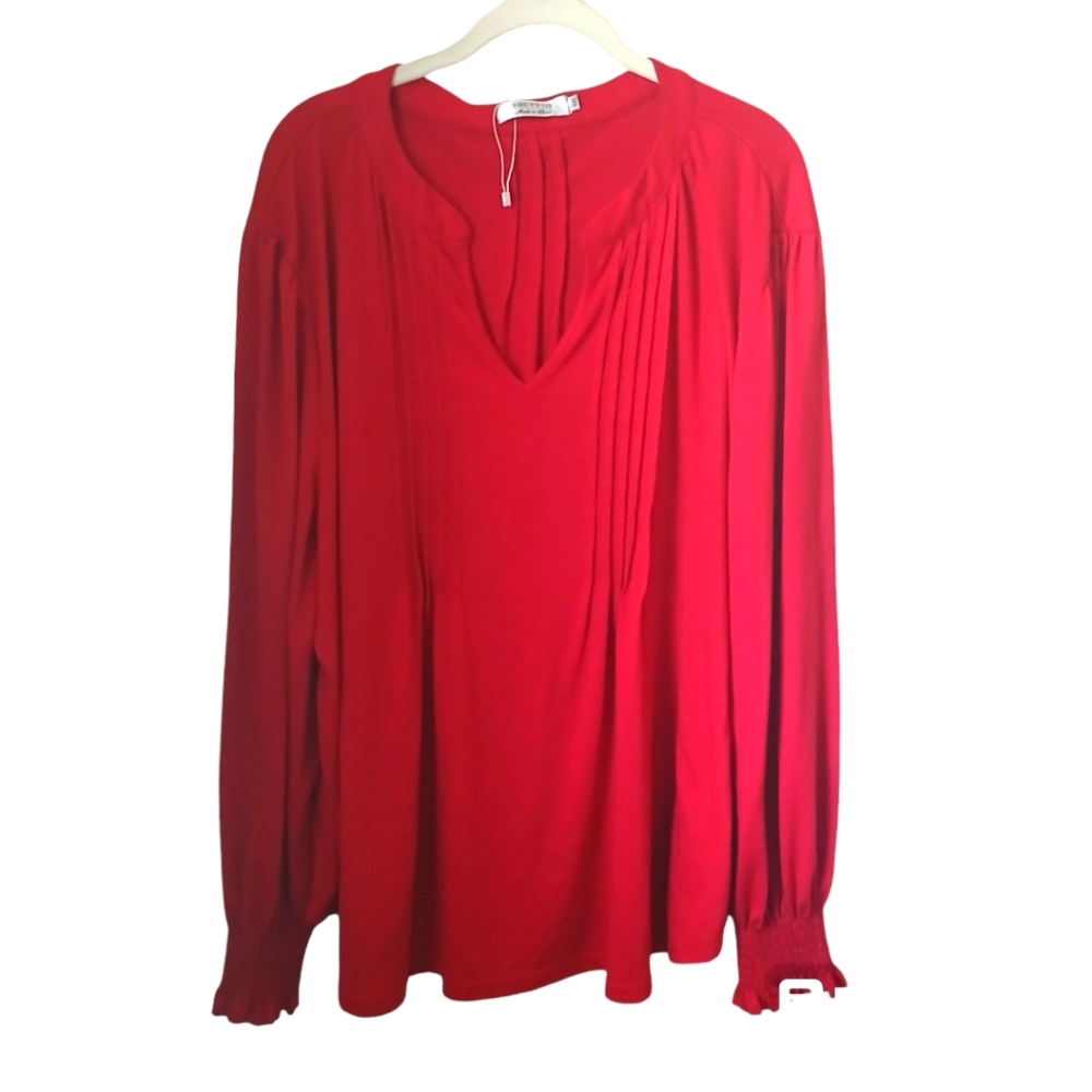 Hbeyyto Women's Red Pintuck Blouse With Elastic Sleeves Size 4X